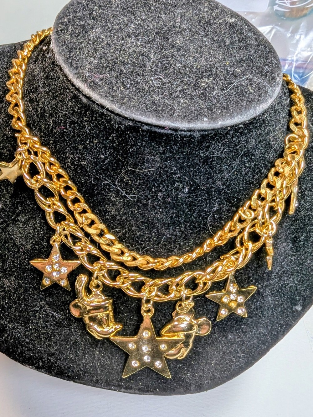 Wendy Gell Disney Mickey and Minnie charm necklace gold chain.